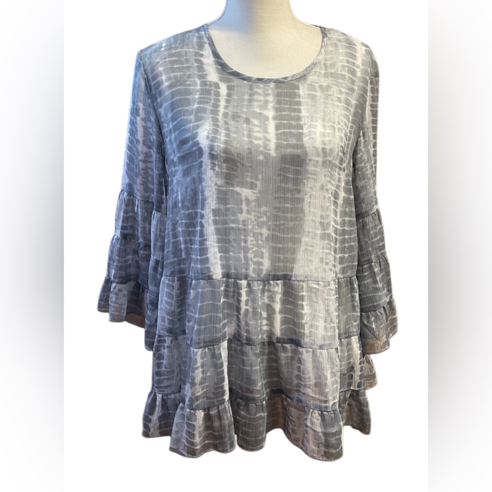 Logo Lori Goldstein Womens Chiffon Peasant Blouse Gray White XS Fairy Sheer Boho